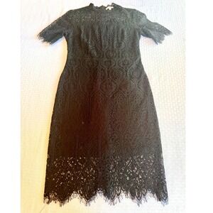 Zalalus Black Floral Lace Mock Neck Midi Dress‎ Short Sleeve Sheath Size 8